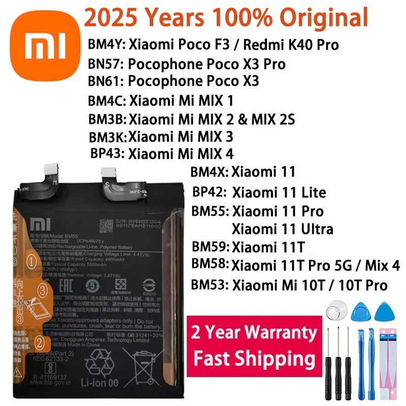 2025 Years Xiaomi Original Battery For Xiaomi Mi Mix 1 2 2S 3 4 Mi 11 Mi11 Lite Ultra Poco X3 F3 Redmi K40 10T 11T Pro Batteries 1
