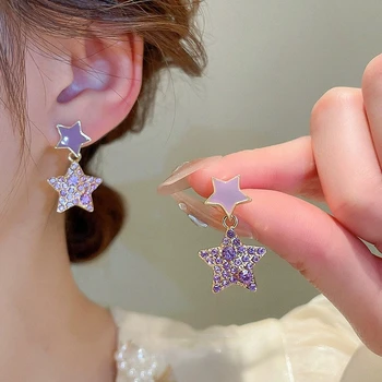 925 Silver Needle Korean Fashion Purple Crystal Star Earrings For Women Jewelry 2025 Trending Vintage Sweet Drop Earrings Brinco
