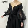 Eightale Black Wedding Dresses Off the Shoulder Long Puffy Sleeves Tulle Victorian Gothic Lace Up Bridal Gowns Customized 1
