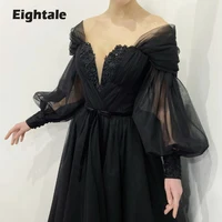 Eightale Black Wedding Dresses Off the Shoulder Long Puffy Sleeves Tulle Victorian Gothic Lace Up Bridal Gowns Customized 1