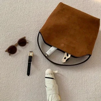 حقيبة كتف نسائية عصرية، طراز قديم، حقيبة يد كاجوال من جلد الغزال، بطانة بوليستر، متوفرة باللون البني الفاتح والبني الداكن 2