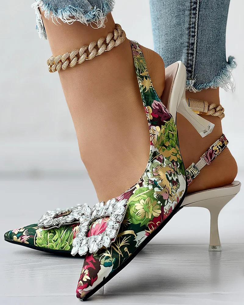 

Fashion Women Point Toe Low Heel Daily Wear Sandals Party Floral Print Rhinestone Slingback Pyramid Heel Pumps