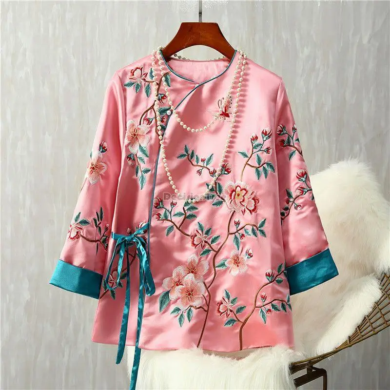 

2023 spring and autumn new chinese embroidered round neck long sleeve loose cheongsam coat blouse elegant chinese qipao top s630