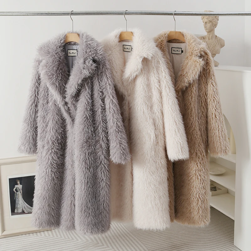 Exclusive Luxury Casual Long Faux Fur Parka Coat Women Winter Thick Warm Fluffy Eco Lamb Fur Teddy Jacket Overcoat