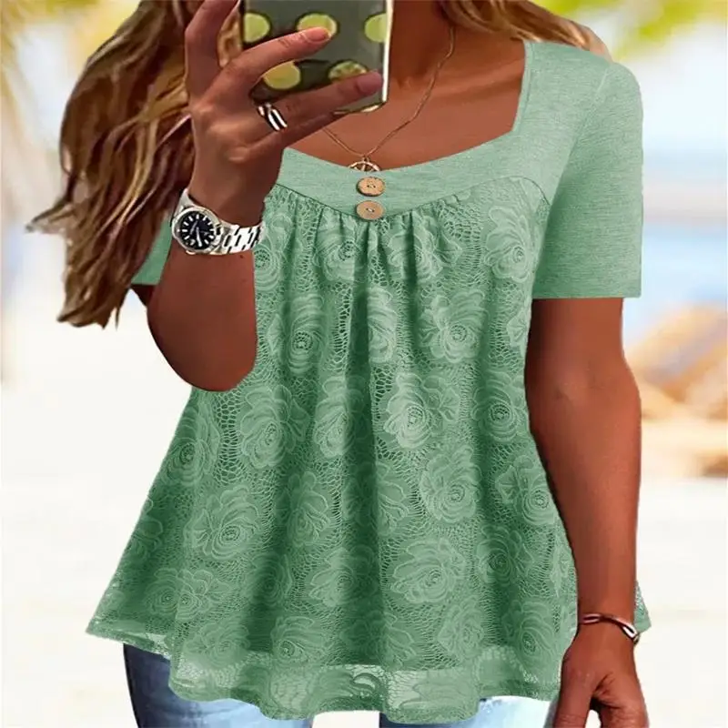 

Plus Size Women's Square Neck Short Sleeve Solid Color Top