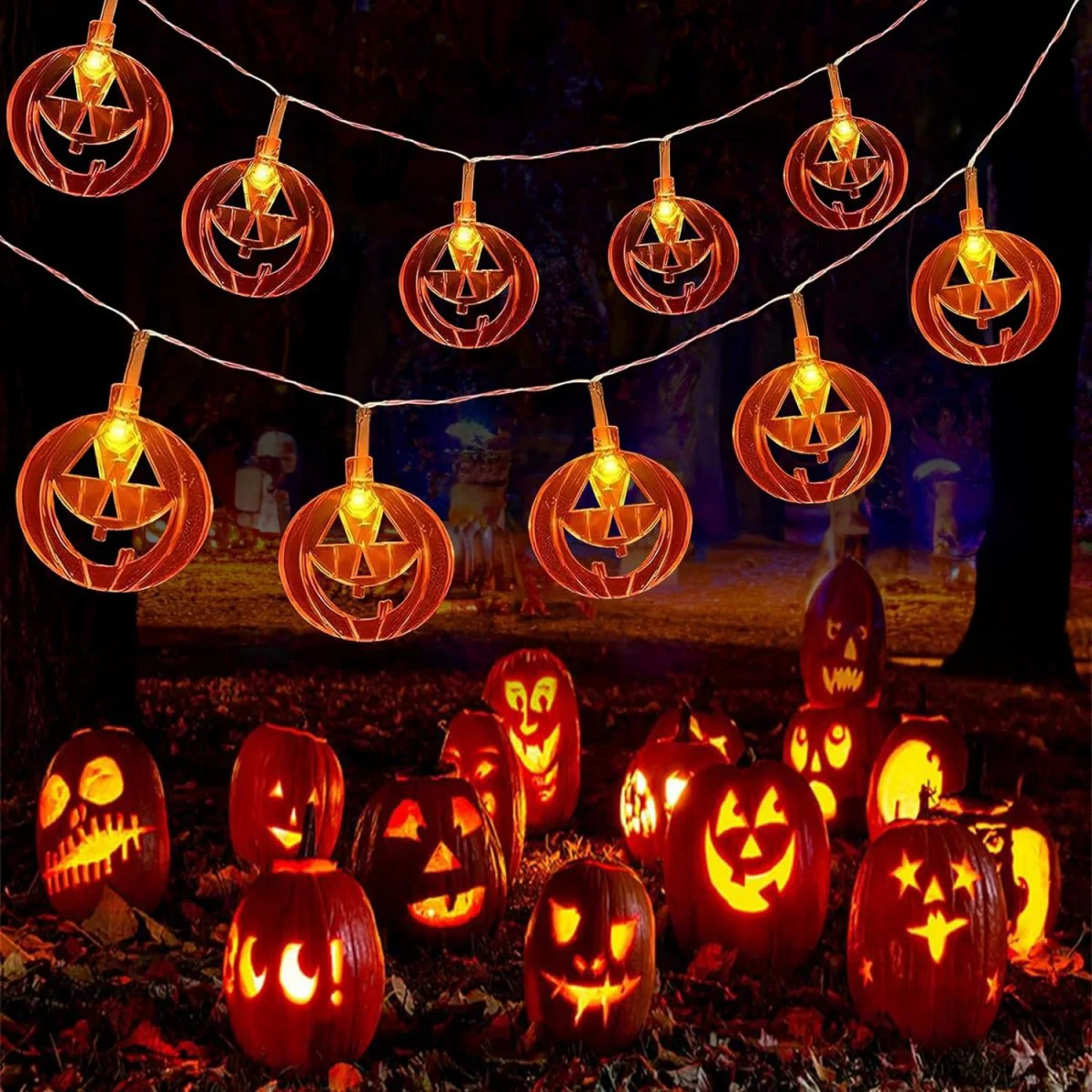 1pc LED Halloween Hollow Pumpkin String Light Battery Powered Waterproof Fairy Atmosphere Hanging Lamp Suitable For Halloween