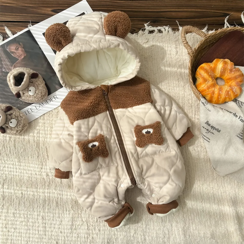 UNIFEMEN Baby Boys Winter Bodysuit Stylish Fleece Color Blocked Teddy Bear Infant Boys Jumpsuit Toddler Hooded Rompers