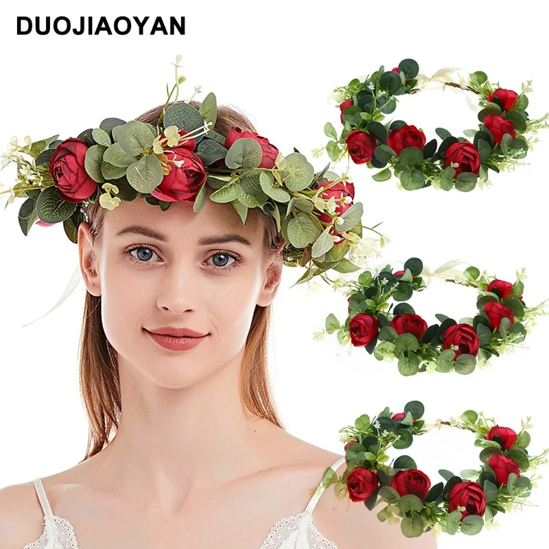

Europe And America Cross Border New Eucalyptus Leaf Artificial Rose Flower Garland Mori Style Zamioculcas Leaves Grass Ring Brid