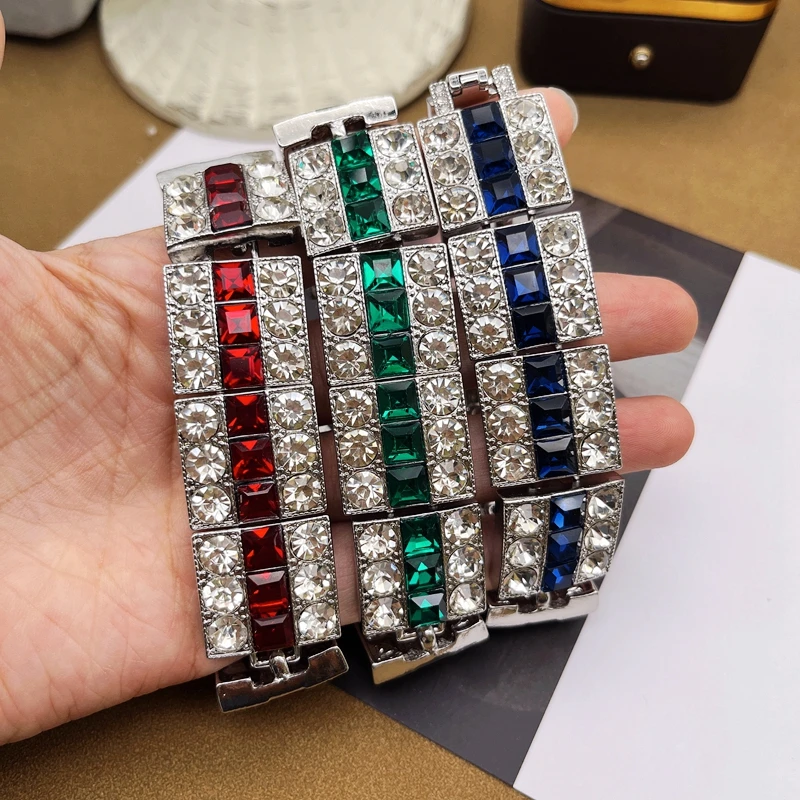 Punk Linked Bracelet Rhinestone Glass Red Blue Green Statement