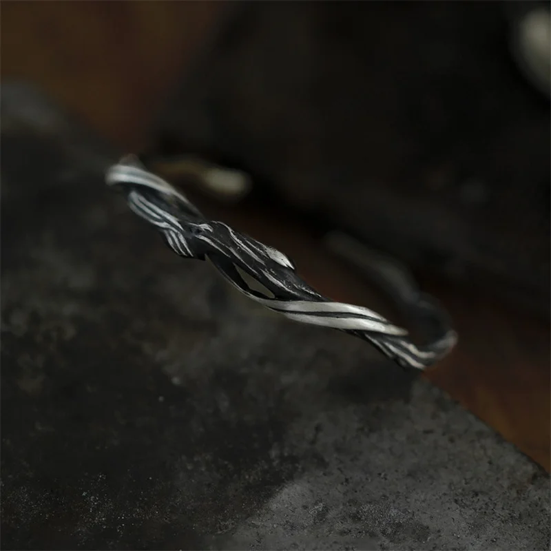 Personality Branch Bangle For Men Jewelry Open Size Trendy Silver 925 Bracelet Male Wood Pattern Hand Accessories