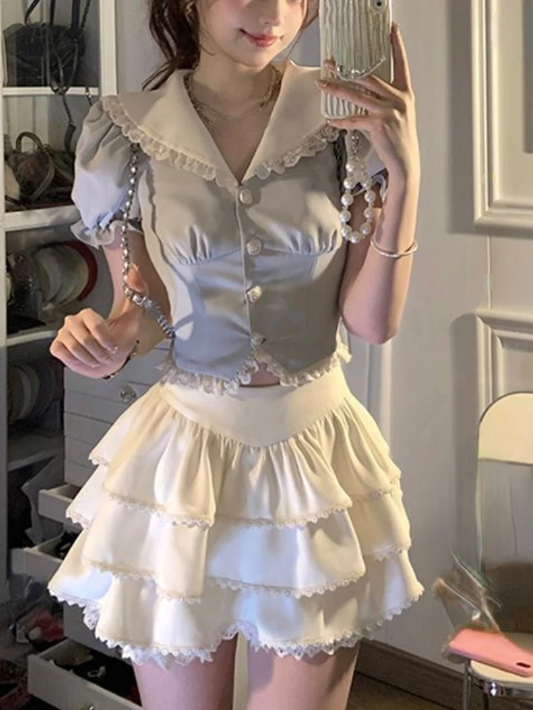 

Kawaii Lolita 2 Piece Set Skirt Women White Casual Lace Y2k Crop Tops Mini Cake Skirt Korean Fashion Suit Elegant 2023 Summer