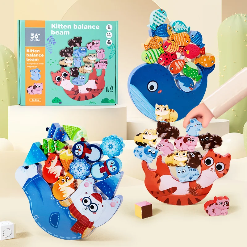

Montessori Wooden Cat Animal Balance Blocks Toys Animal Stacking High Board Educational Building Games Wood Interactive Toy