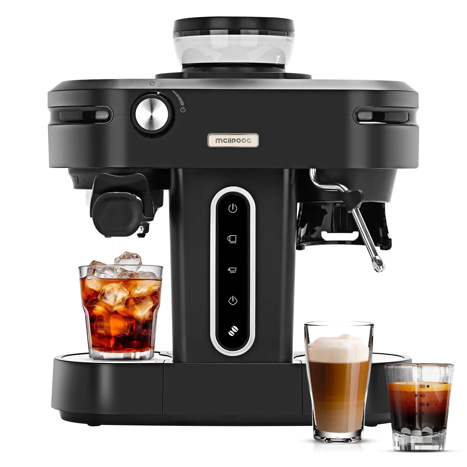 Automatic Coffee Machine Mcilpoog AC510 19Bar Semi Automatic Espresso Machine With Grinder & Steam Wand 3-in-1 Espresso Machine for Cappuccino or Latte.