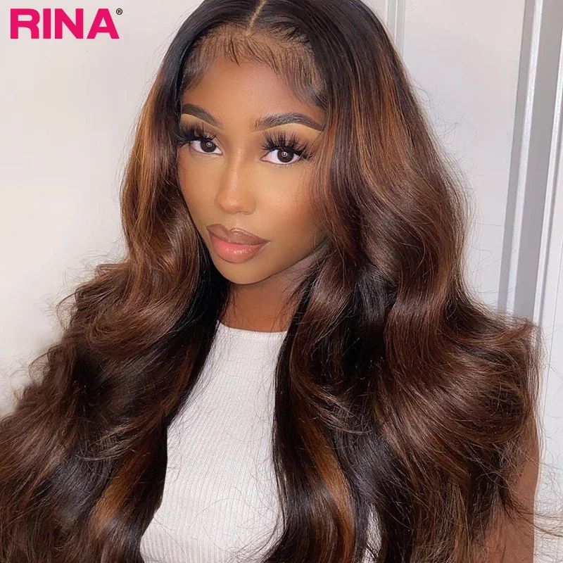 13X4 13x6 Transparent Lace Wig Brown Highlights Body Wave Human Hair 5x5 Lace Closure Chocolate Brown Front Wig Pre Plucked
