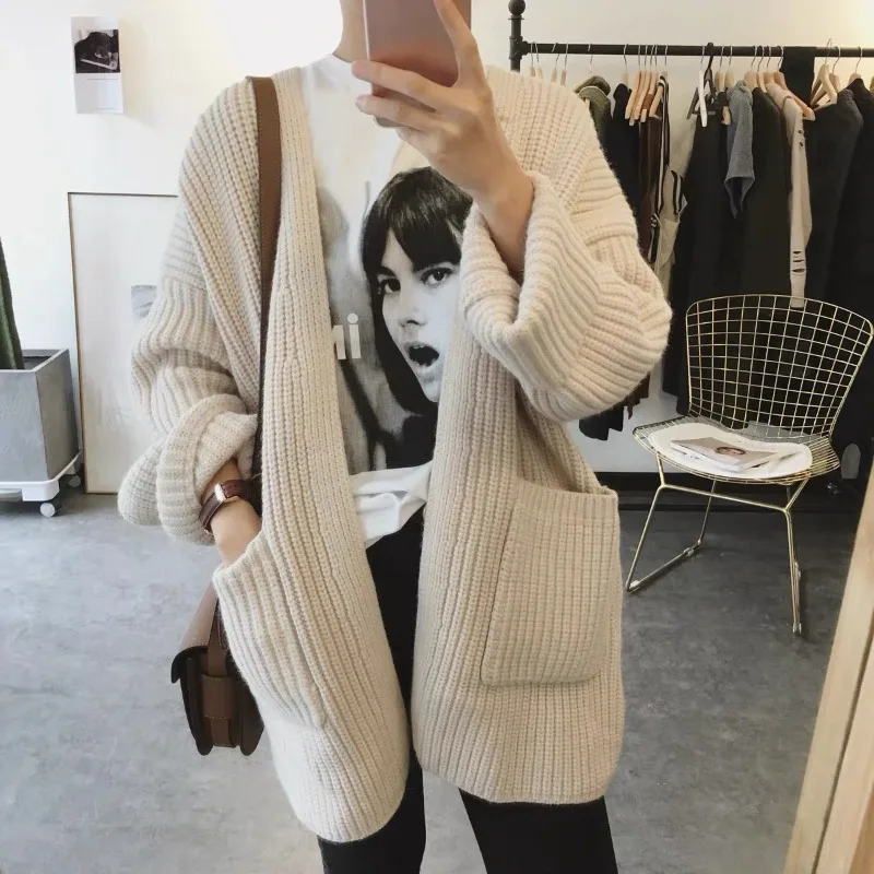 

Lazy wind sweater women's knitted cardigan women's simple big pocket knitted sweater in autumn and winter