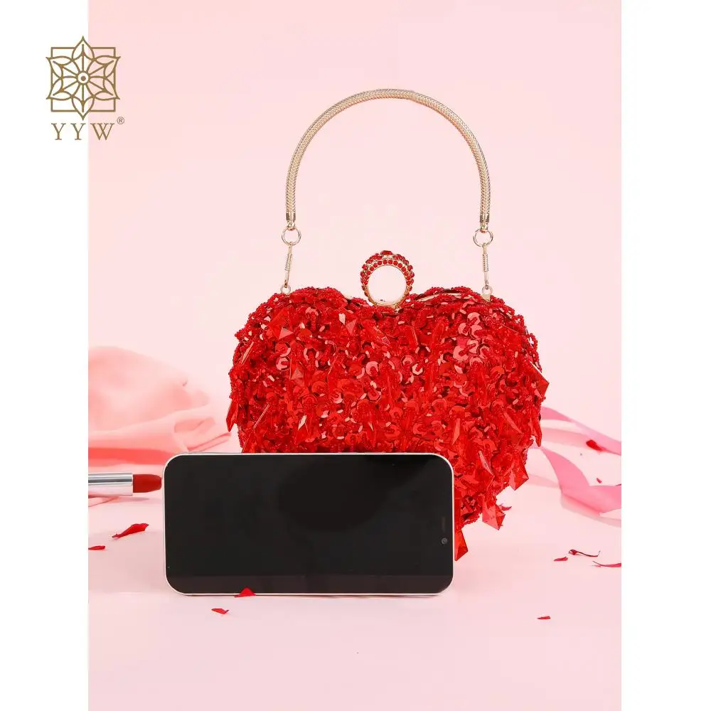 Bling Diamond Crystal Bag For Women Wedding Party Handbag Red Sequins  Beading Clutch Heart Shape Chain Shoulder Crossbody Bags