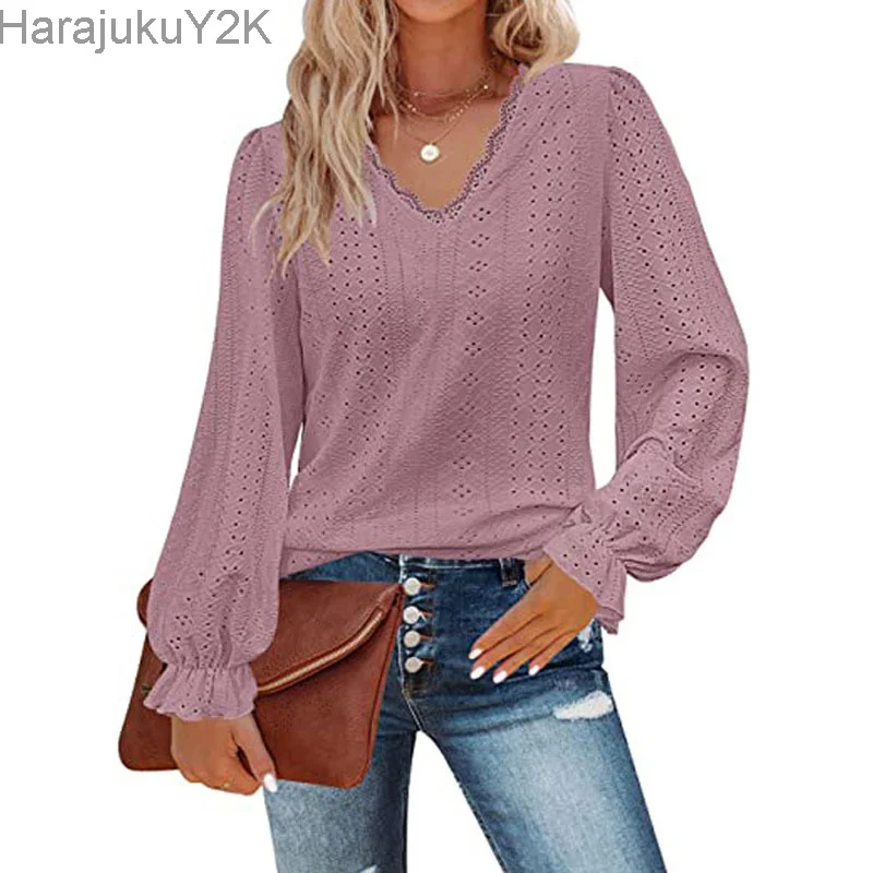 

Women's Clothing Elegant Simplicity Hollow Out V-Neck Tops Autumn Fashion New Casual Solid Color Long Sleeve T-shirt for Female