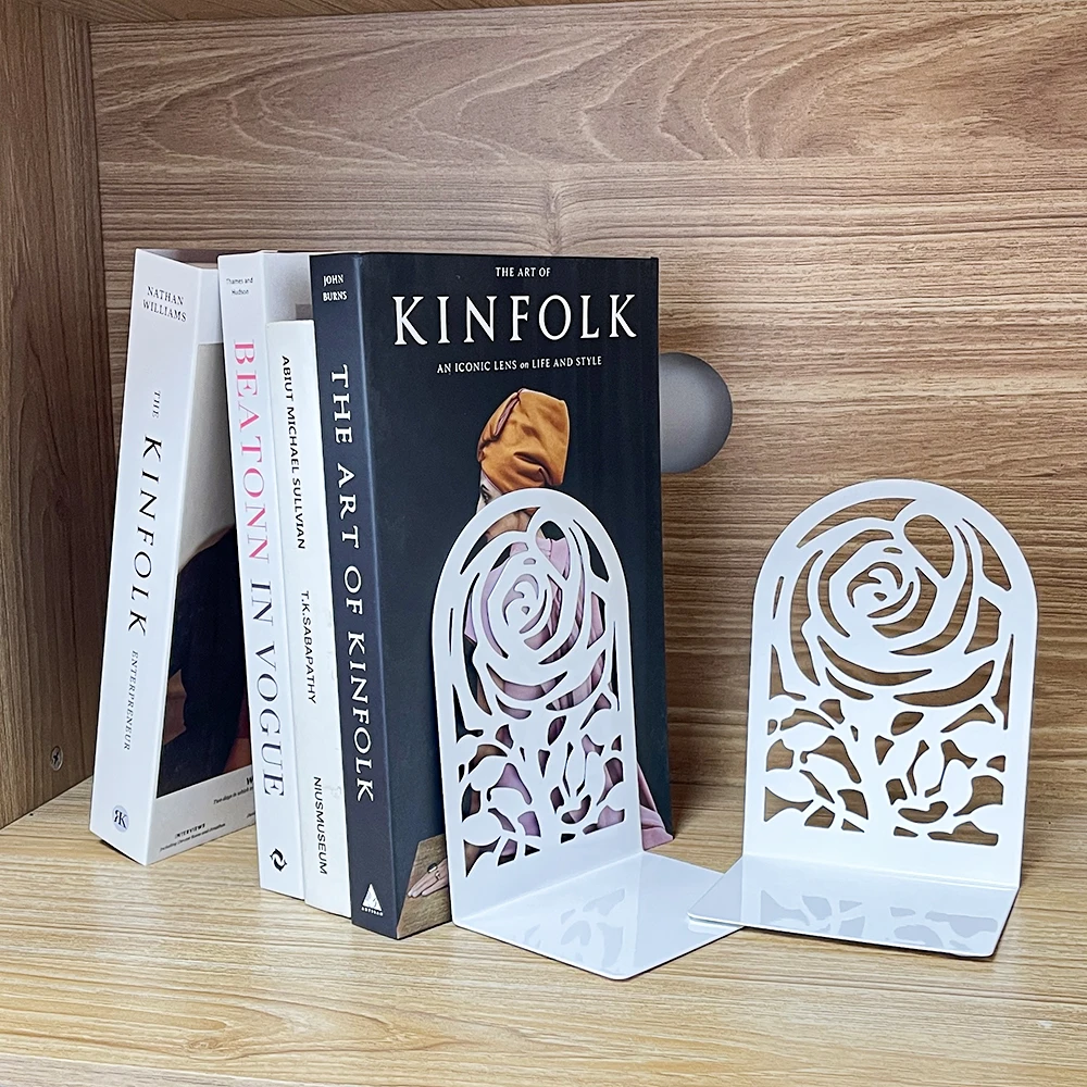 2Pcs White Metal Rose Hollow Carving Book Ends - Decorative Book Holders for Home Office Library，Book Supports for Organizing 6