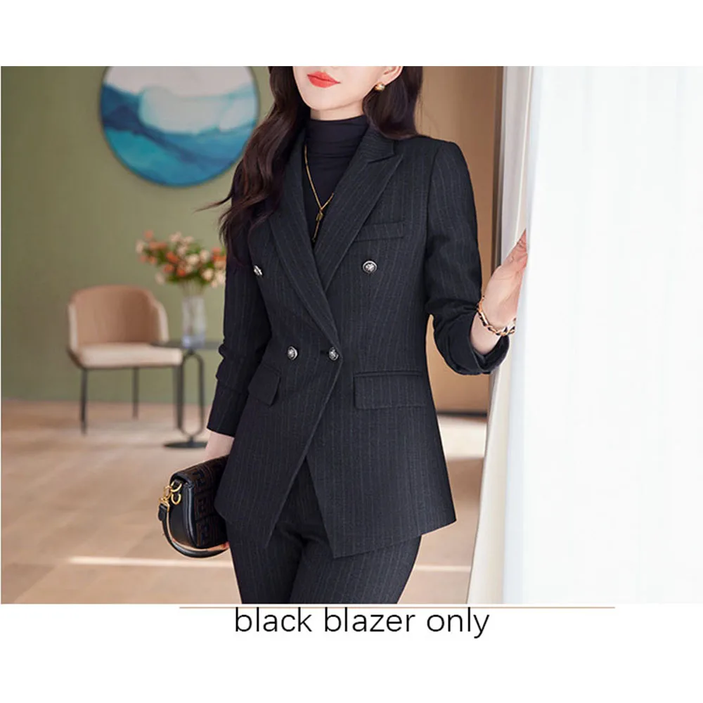 Tesco Women's Suit Jacket Striped Blazer And Pants 2 Piece Senior Uniform For Working Double Breasted Clothing  ropa mujer work pant suits 2 piece sets double breasted striped blazer jacket