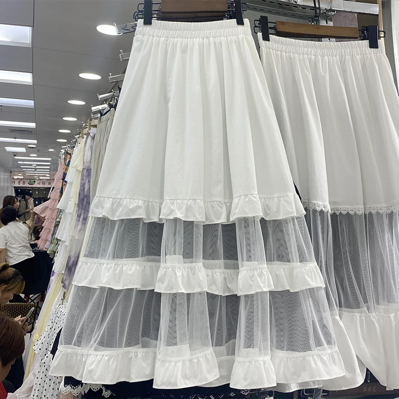 

French Chic Skirt for Women Mesh Patchwork Tierred Agaric Lace Streetwear Elastic High Waist A-line Solid Skirts Summer Dropship