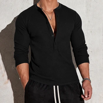 Men s  Fit Henley Shirt Solid Color Long Sleeve Button-up Round Neck Stretchy Casual Tops for Fall Streetwear Workout 2