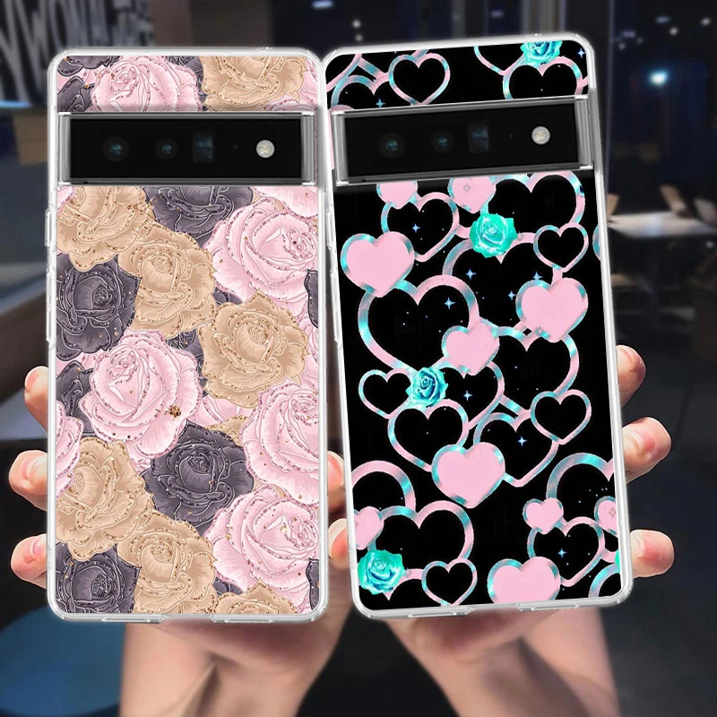 Gold Rose Love Heart Soft Silicone Clear Phone Case - Elegant TPU Cover