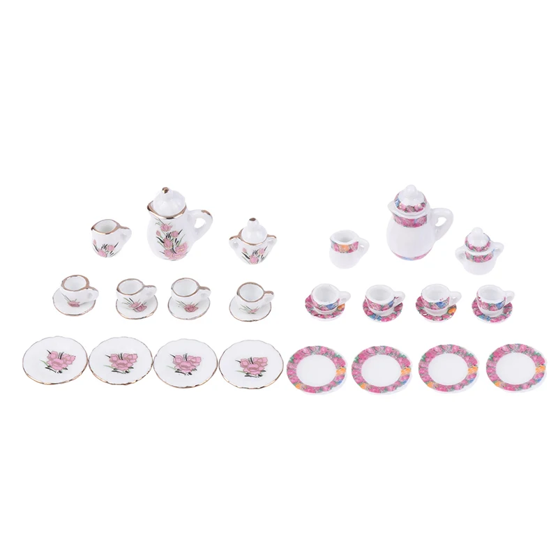 1 Satz antike Puppenhaus Miniatur Keramik Tee Set Tasse Kessel Tablett Blume Geschirr Küche Dekor Spielzeug Puppenhaus Zubehör – Detail 12