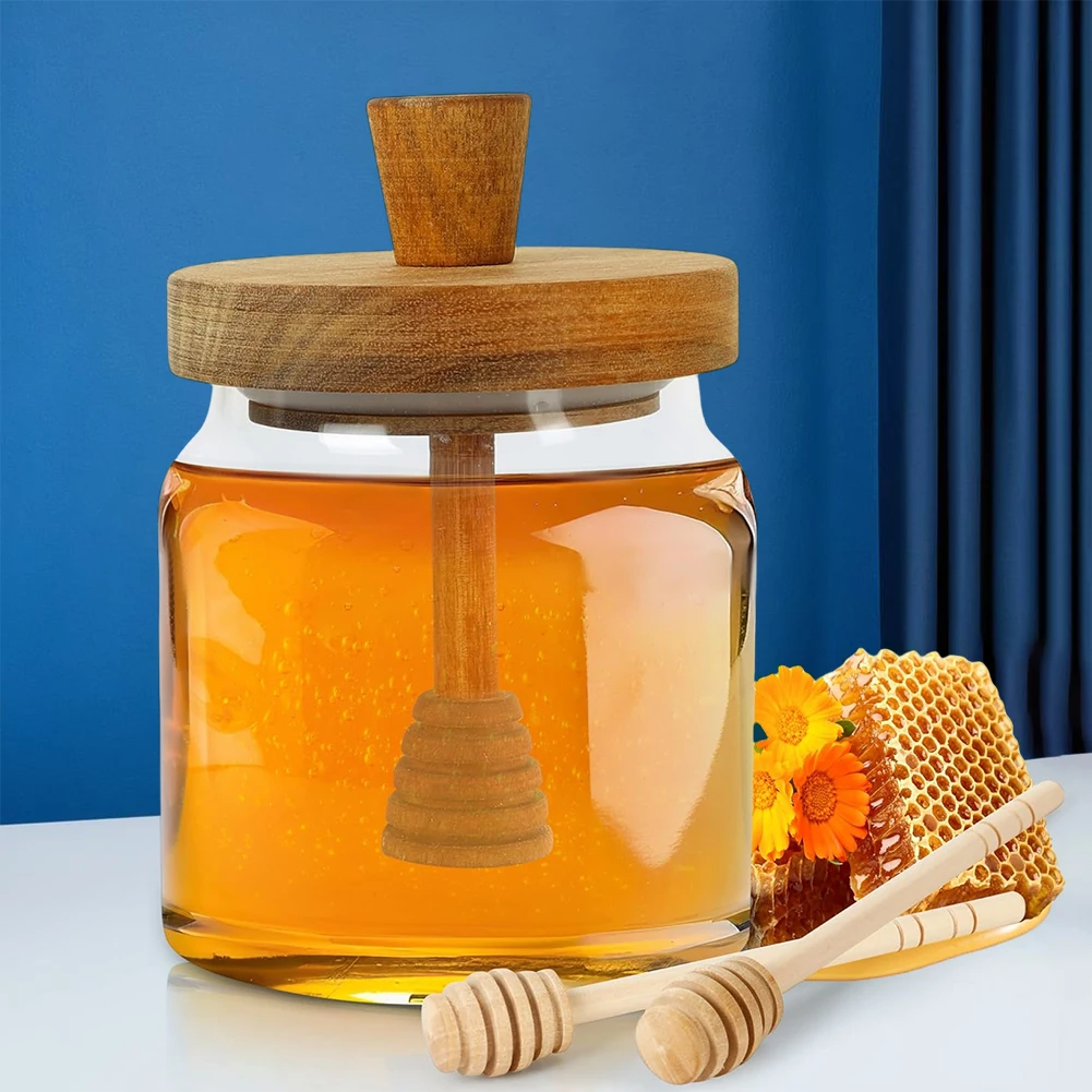 Glass Honey Jar with Dipper and Lid 18oz Honey Container Holder Airtight Honey Jar and Dipper Set Honey Dipper Stick and Jar Set