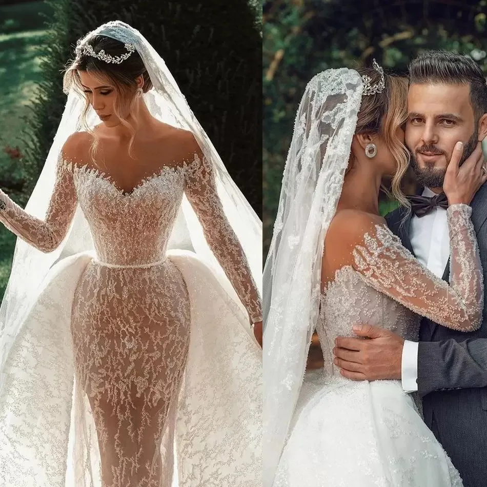 

With Detachable Train Mermaid Wedding Dress Long Sleeves Off Shoulder Lace Ruffles Appliques Bridal Gowns Robe De Mariée