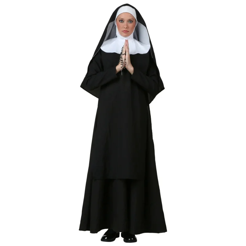 

Nun Sister Habit Costume Halloween Women Christian Missionary Catholic Cosplay Carnival Fantasia Fancy Dress Balck Long Dress