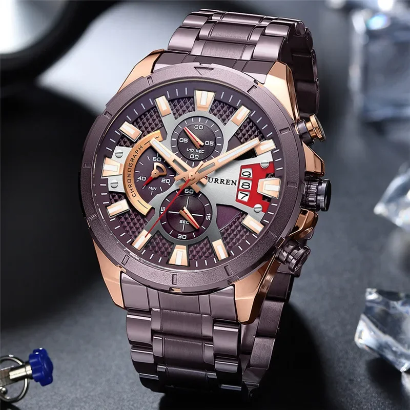 CURREN New Man WristWatch Waterproof Chronograph Men Watch Military Top Brand Luxury Brown Stainless Steel Sport Male Clock 8401 2