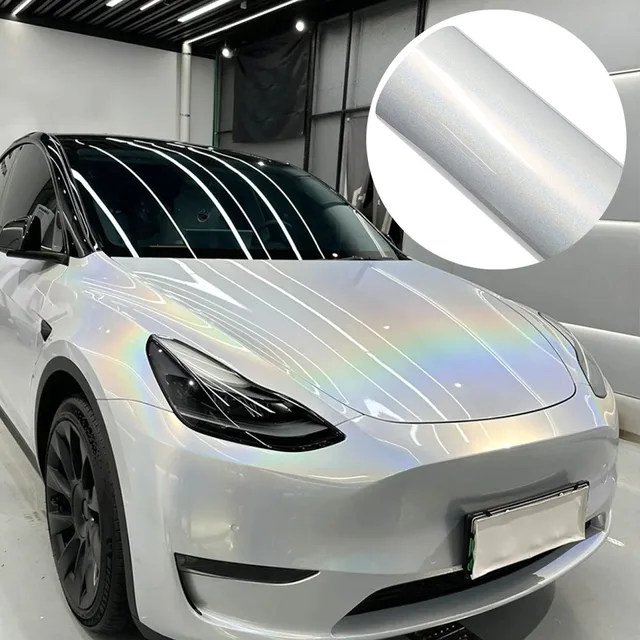 Car Wrap Vinyl Film Iridecence Laser Silver White Color Change Sticker PET Bubble Free Self Adhesive Sticker Car Accessories 1