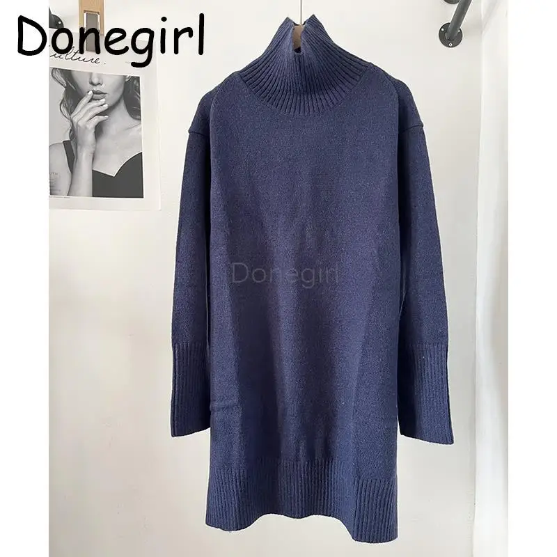 

Donegirl Women 2024 Autumn Winter New Fashion Solid Elegant High Neck Knitted Sweater Long Dresses Loose Inside Female Chic