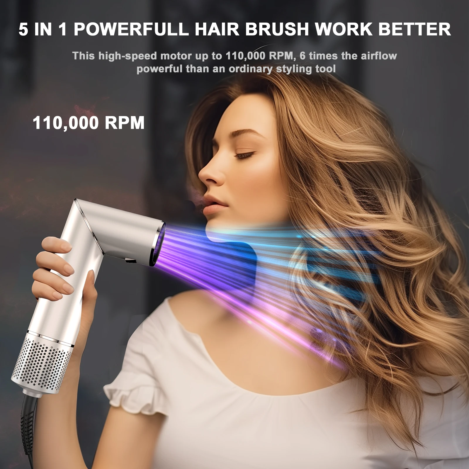 Hair Dryer Brush, Powerful 5 in 1 Hair Blow Dryer with 110,000 RPM High-Speed Negative Ionic Automatic Curling Iron