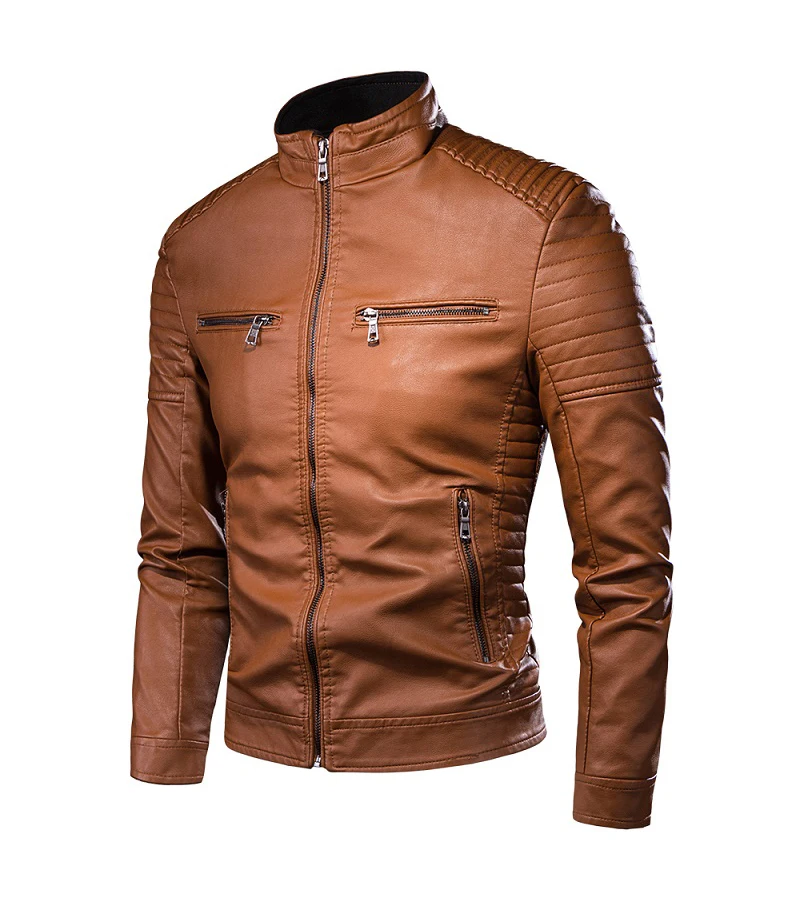 Men Spring Brand New Causal Vintage Leather Jacket Coat Men Outfit Design Motor Biker Zip Pocket PU Leather Jacket Men