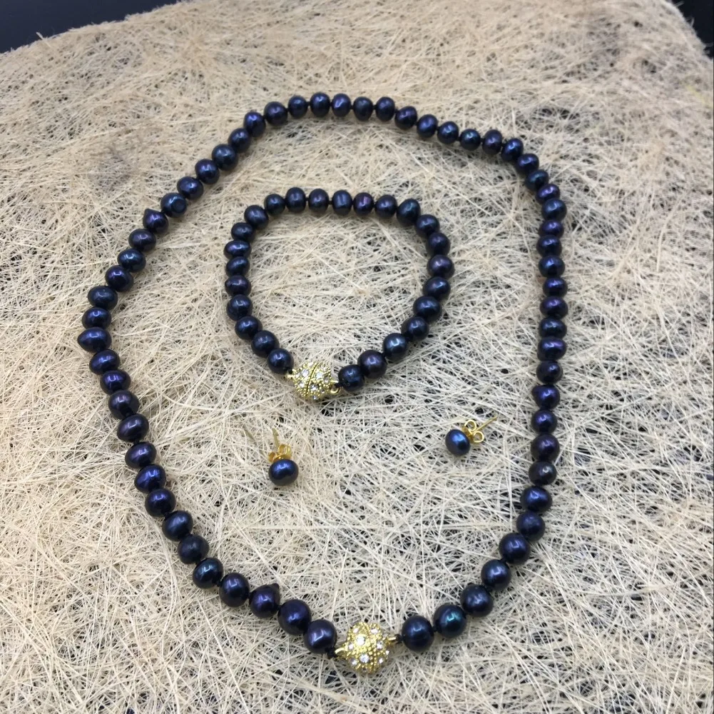 

7-8mm Black Akoya Cultured Pearl Necklace Bracelet Earrings Sets Jewelry Sets Fashion Jewelry Making Design Gold Magnetic Clasp