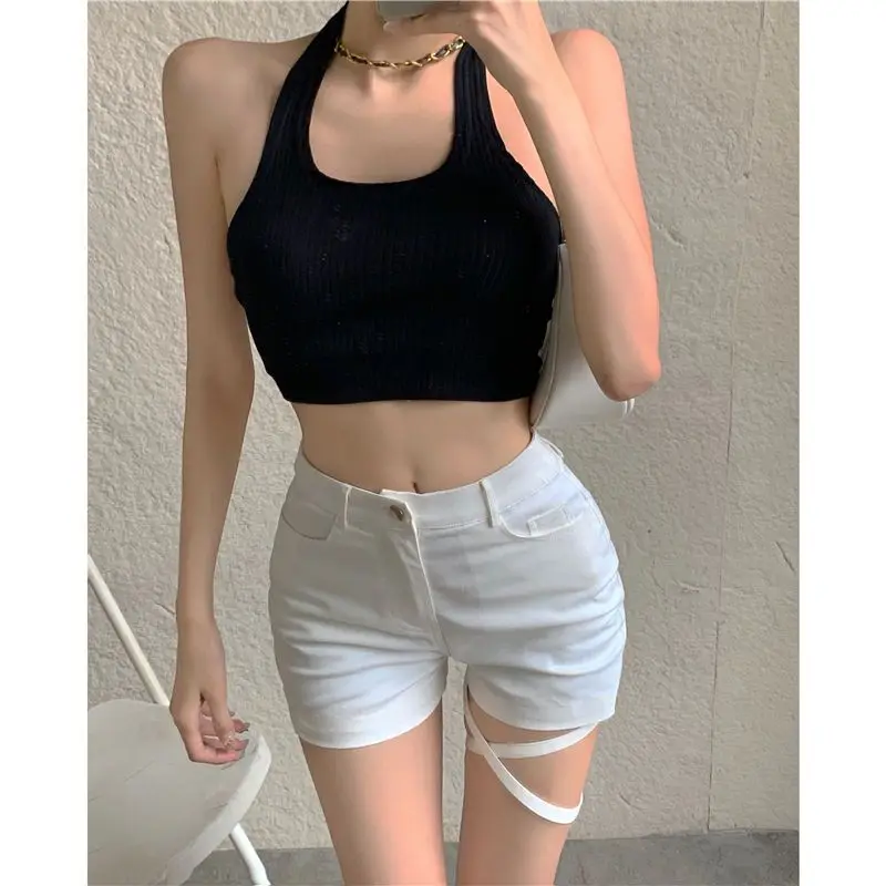 Summer New Irregular Black High Waist Straight Shorts Solid Color Thin Lacing Versatile Tight Pants Sexy Fashion Women Clothing
