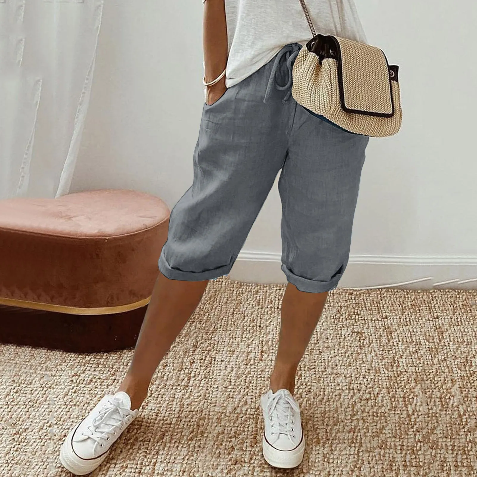 

Vintage Cotton Linen Women Shorts Drawstring Elastic Waist Loose Wide-Leg Trousers Ladies Solid Color Casual Knee Length Pants
