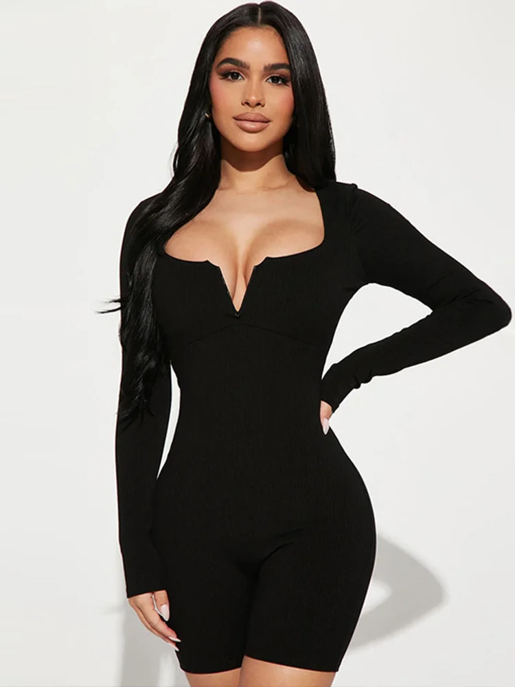 Sibybo Women Long-sleeved Romper Shorts Stylish Solid Color Slim U-neck Jumpsuit Shorts Lady Three-quarter Pants Fall Streetwear