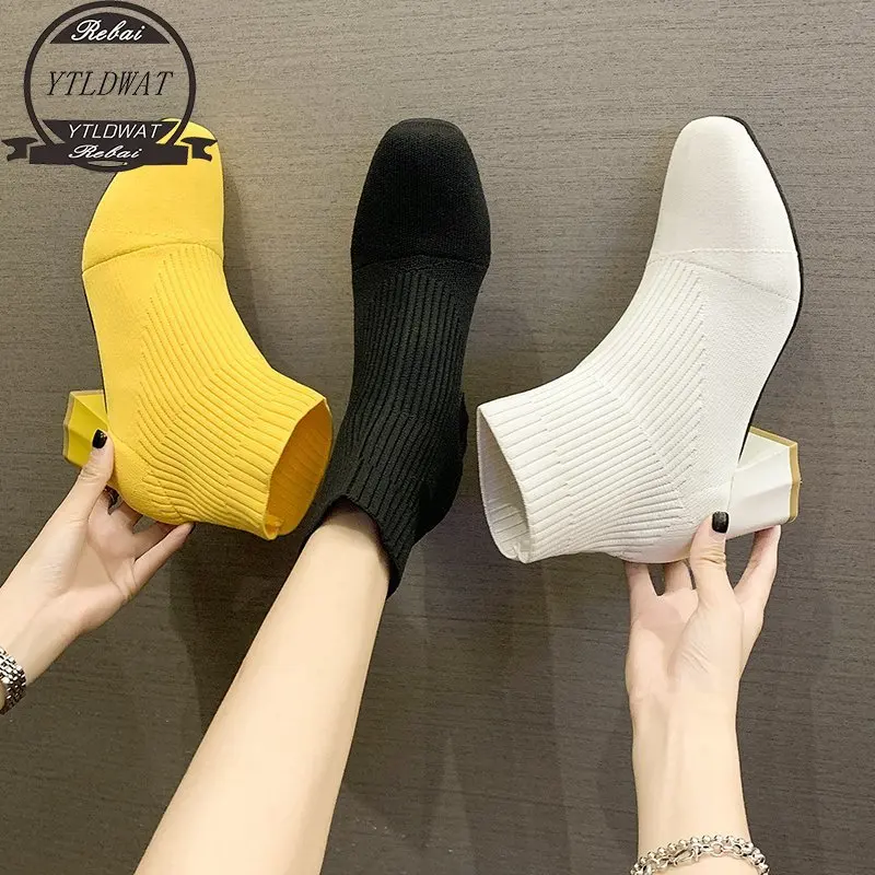 

Новые осенние модные женские сапоги с квадратным носком, эластичные ботильоны, женская обувь на толстом каблуке, женские черные сапоги, жен...