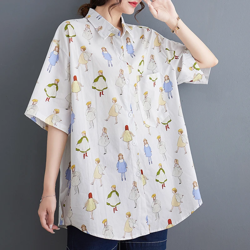 

2023 New Arrival Thin Light Soft Print Sweet Girl's Chic Loose Summer Cartoon Blouse Shirts Fashion Women Casual Blouse