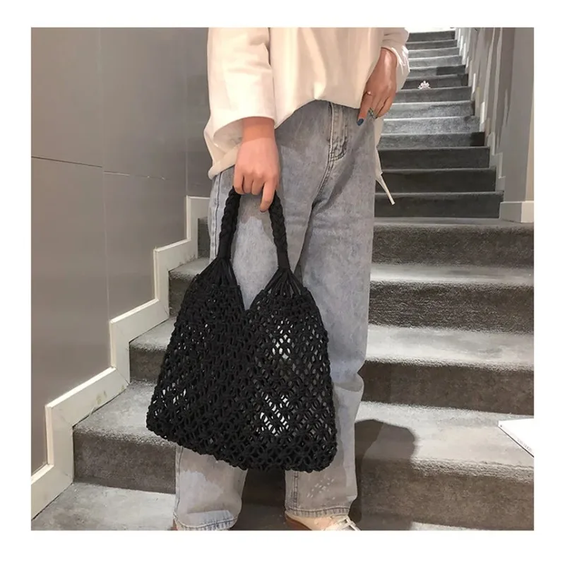 Wind Cotton Handmade Woven Bag, Beach Bag, One Shoulder Portable Leisure Hollowed Out Tourism And Vacation Fishing Net Bag