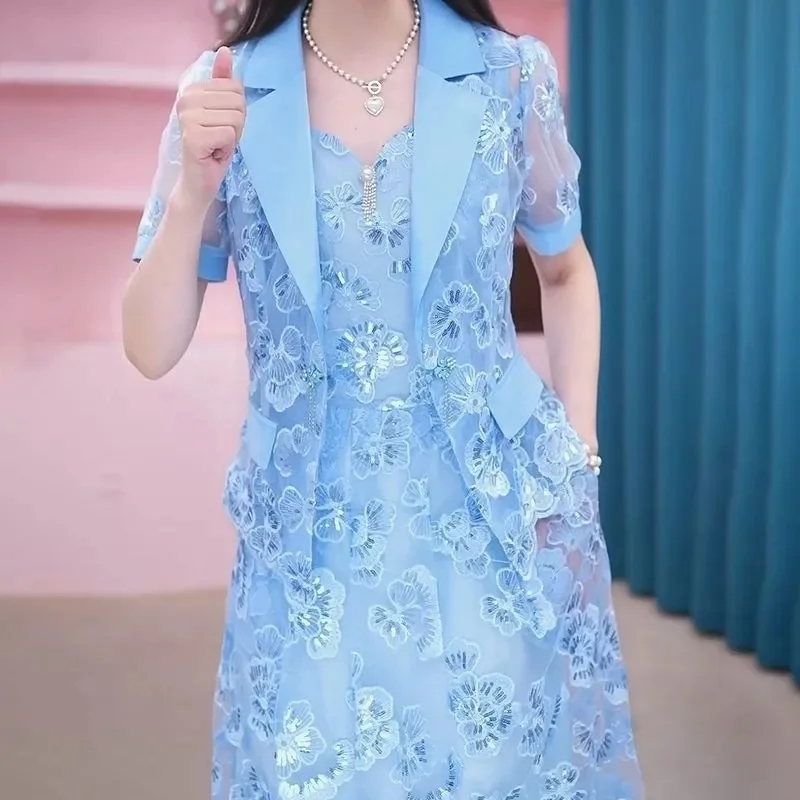 Lace Dress Women's High end Luxury Lady Two Piece Sets Silk Dress Suit Jacket And Dress 2023 Summer Waist Slim Long A-line Dress