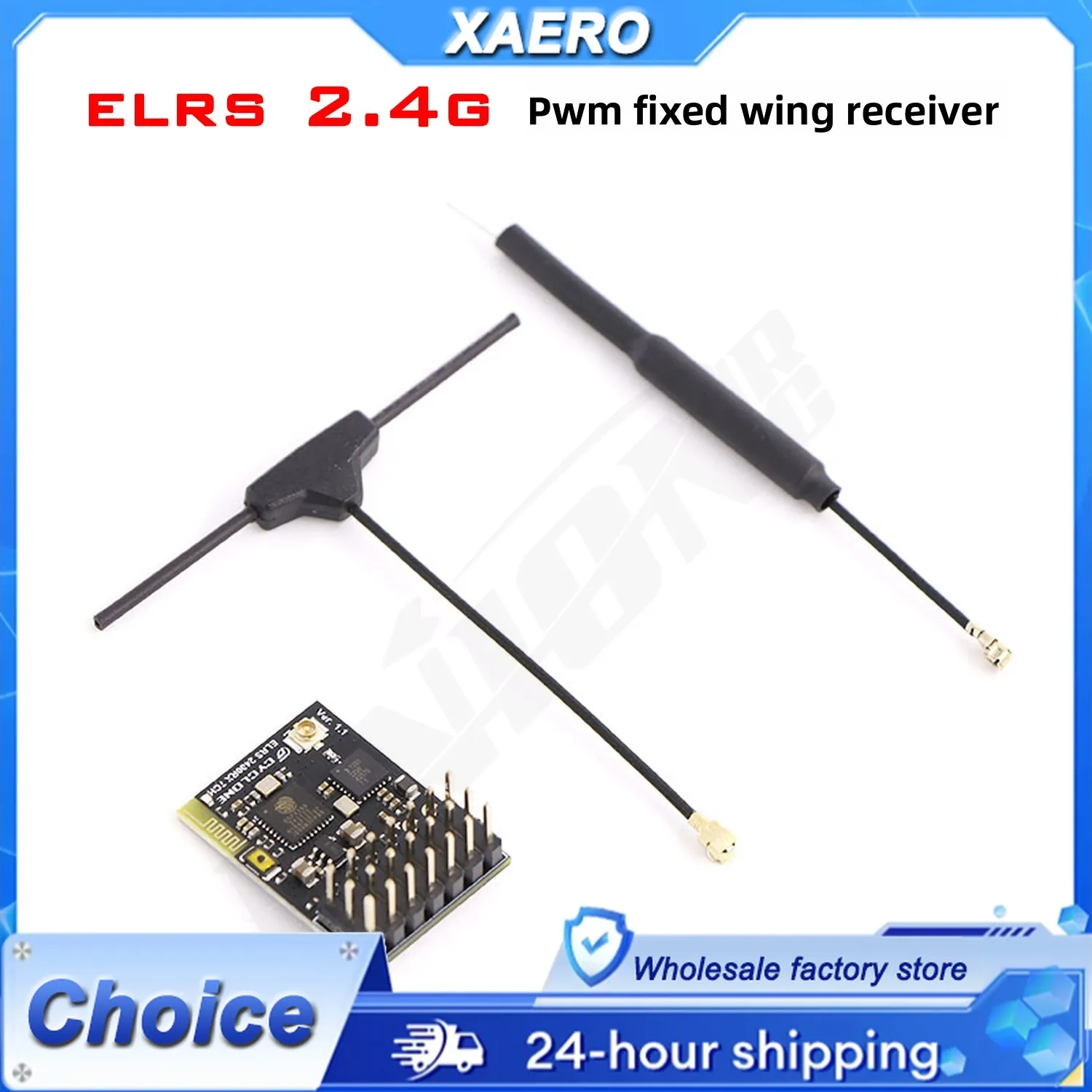 Vue rapprochée du récepteur ELRS 2.4G PWM 7 canaux ExpressLRS V3.2 montrant les connecteurs