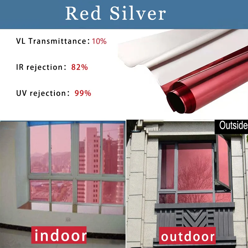 Pellicola per la privacy delle finestre Protezione solare Pellicola di copertura anti-UV vetro Prospettiva unidirezionale Effetto specchio Rotolo Foglie Vetro colorato Rosso Argento - immagine 4