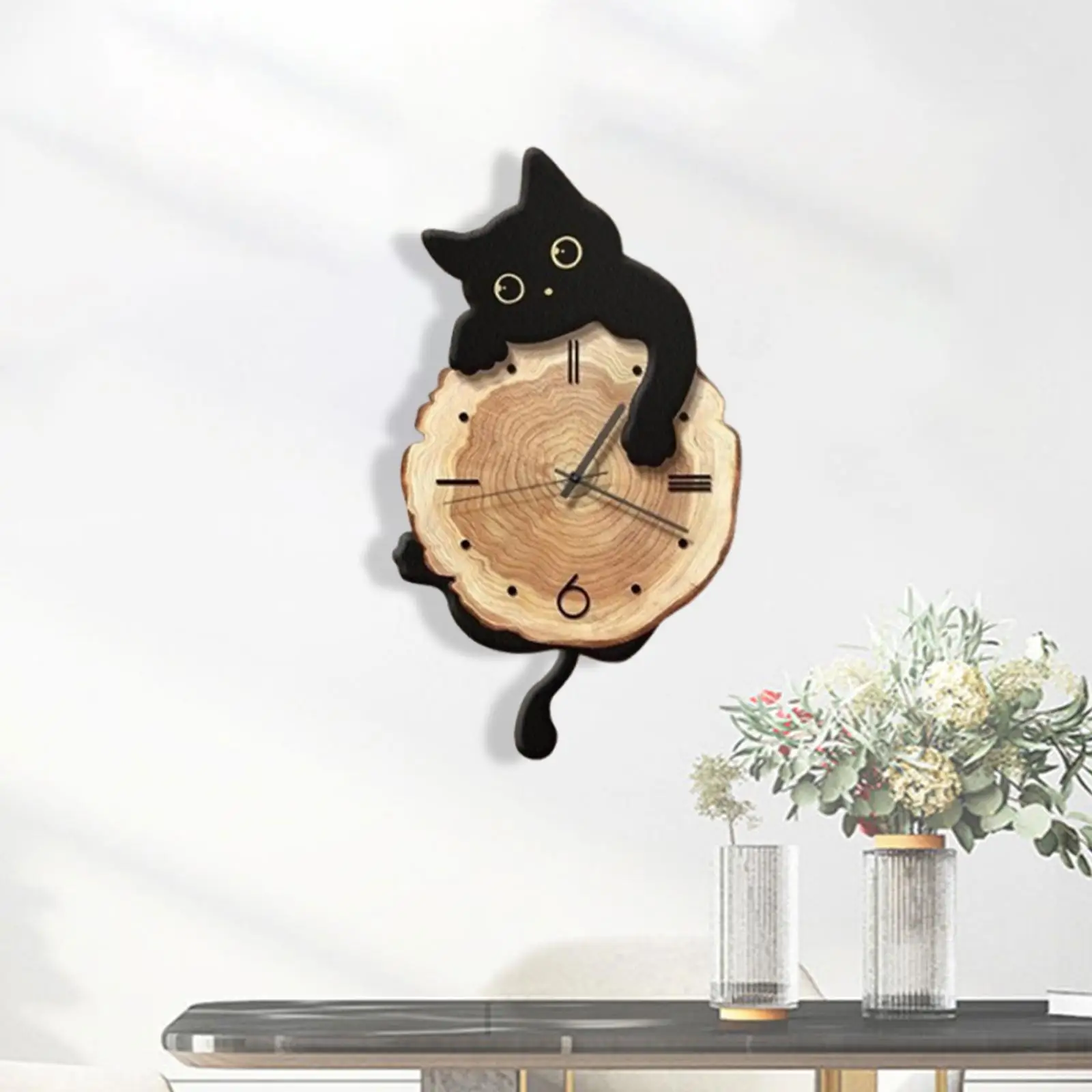 Cat Wall Clock Pendulum Decorative Clock Cute Wall Ornament Silent for Bedroom Kids Room Kitchen Home Decor Housewarming Gift