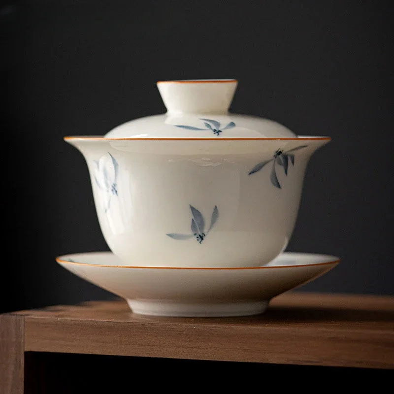 

165ml Hand Painted Butterfly Orchid Aer Ceramic Gaiwan White Porcelain Tea Lid Set Tea Maker Master Cup Mug Kung Fu Tea Ceremony