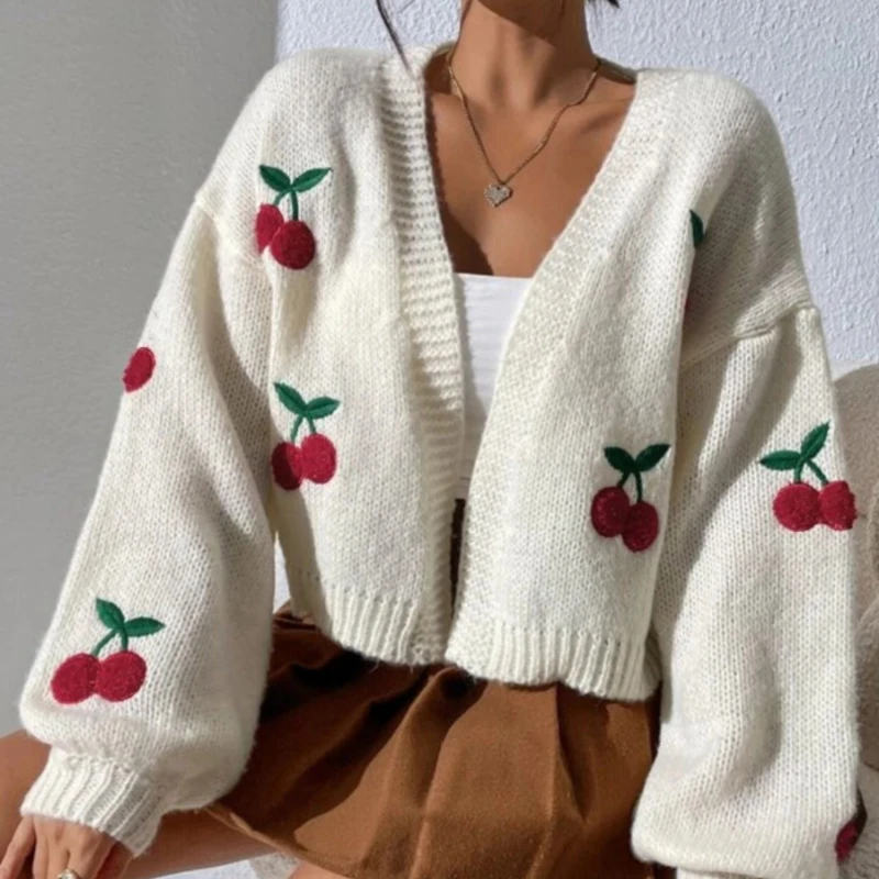 

Autumn Cherry Cropped Cardigan Women Long Sleeve Open Stitch Sweater V Neck Korean Fashion Winter Clothes for Woman Knitted Coat