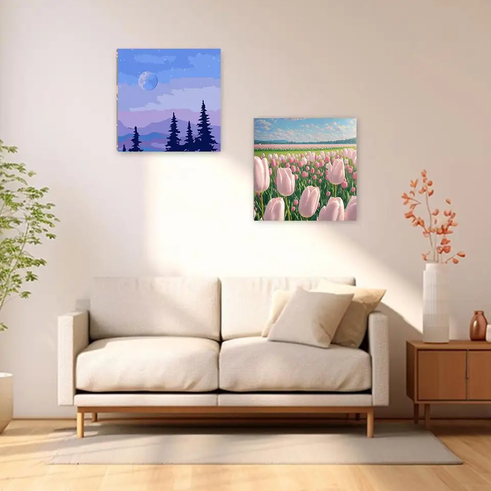 数字によるモダンな絵画,窓の風景,数字による着色,アクリル