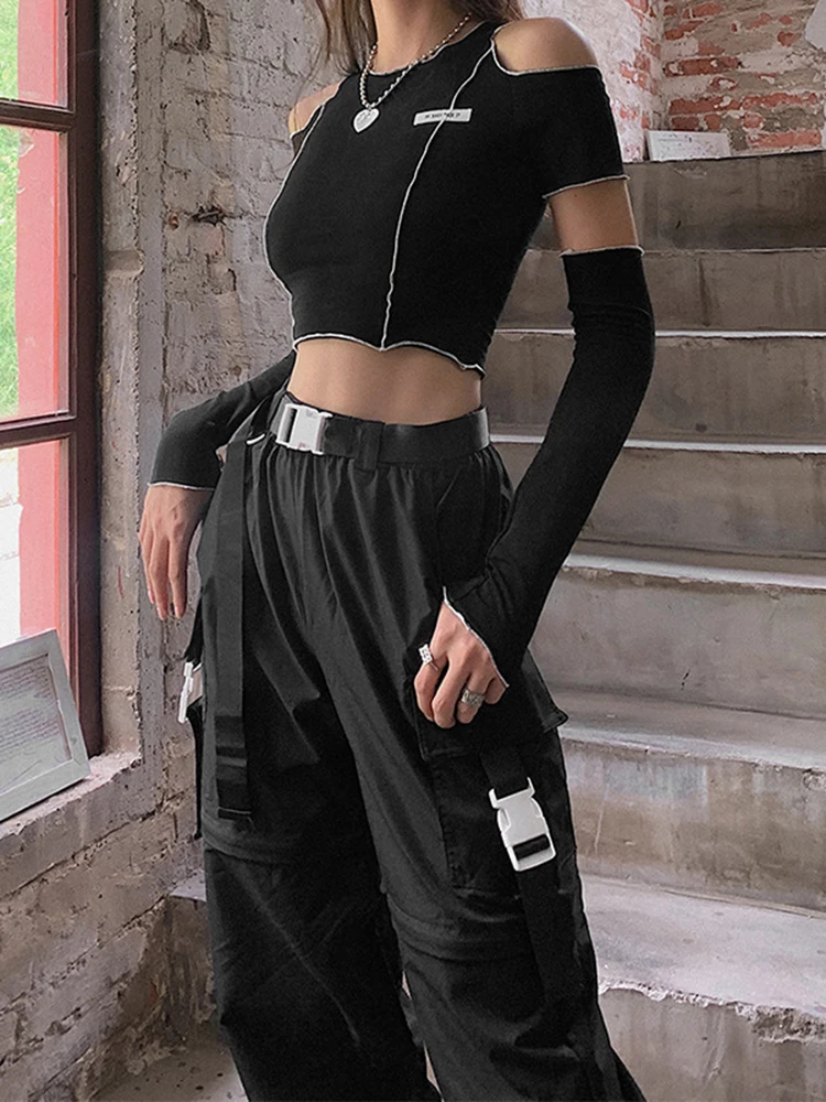 Patchwork Black T-shirts Gothic One Shoulder Sleeve Crop